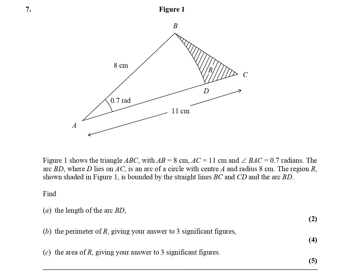 Figure-1-shows-the-triangle-ABC,-with-AB-=-8-cm,-AC-=-11-cm-and-∠-BAC-=-0.7-radians-Edexcel-A-Level Maths Pure-Question 9-2005-Paper 2.png